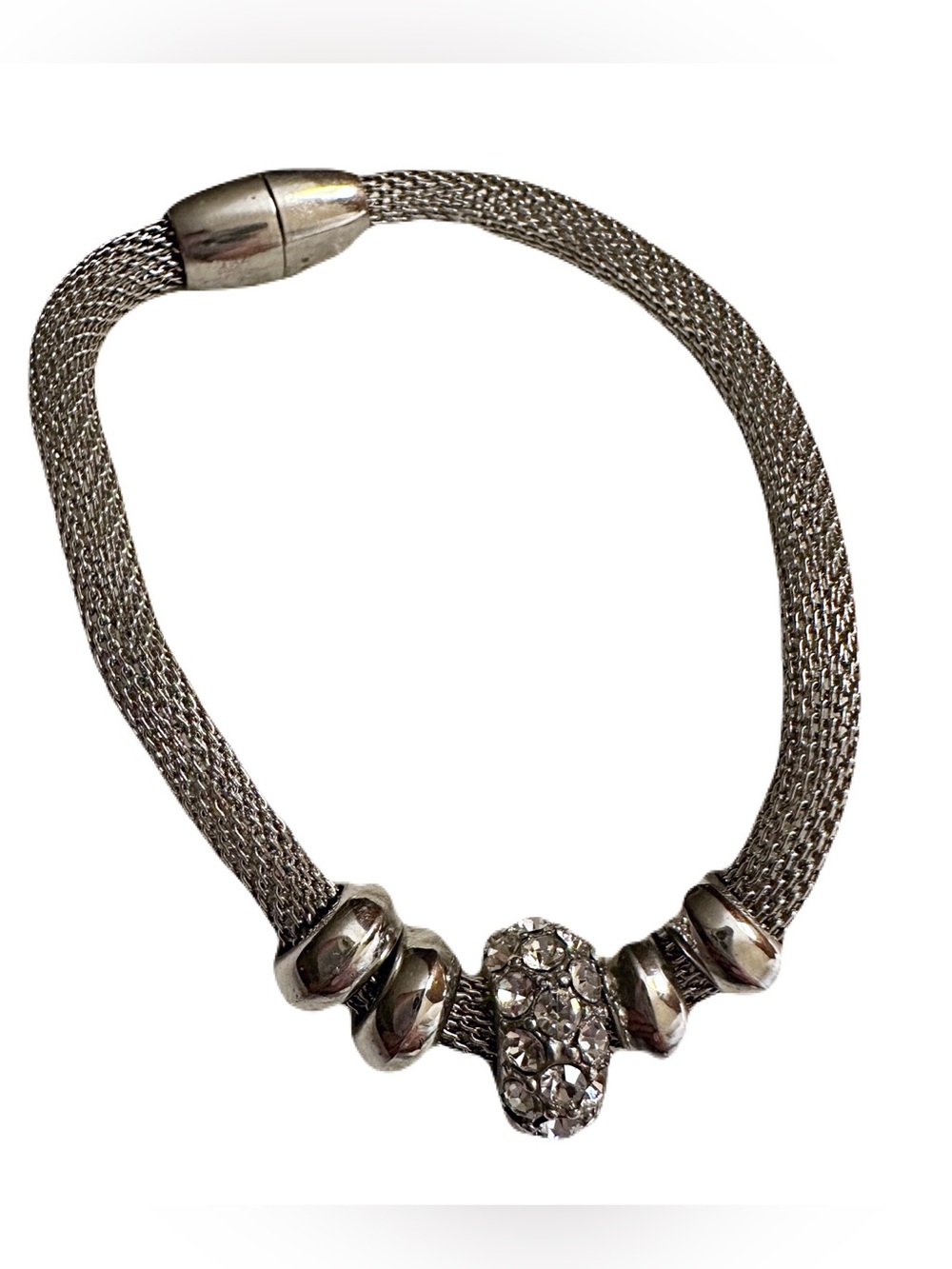 Serpentine Chain Stretch Bracelet Clear Rhinestones Rodelle Beads Silver Tone